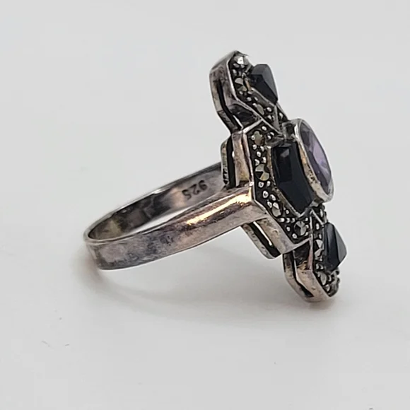 Sterling Silver Purple Glass Center Onyx Art Deco Style Ring Size 5 1/4 - Picture 2 of 13